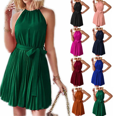 Halter Strapless Dresses For Women Solid Pleated Skirt Summer Beach Sundress - The Grace