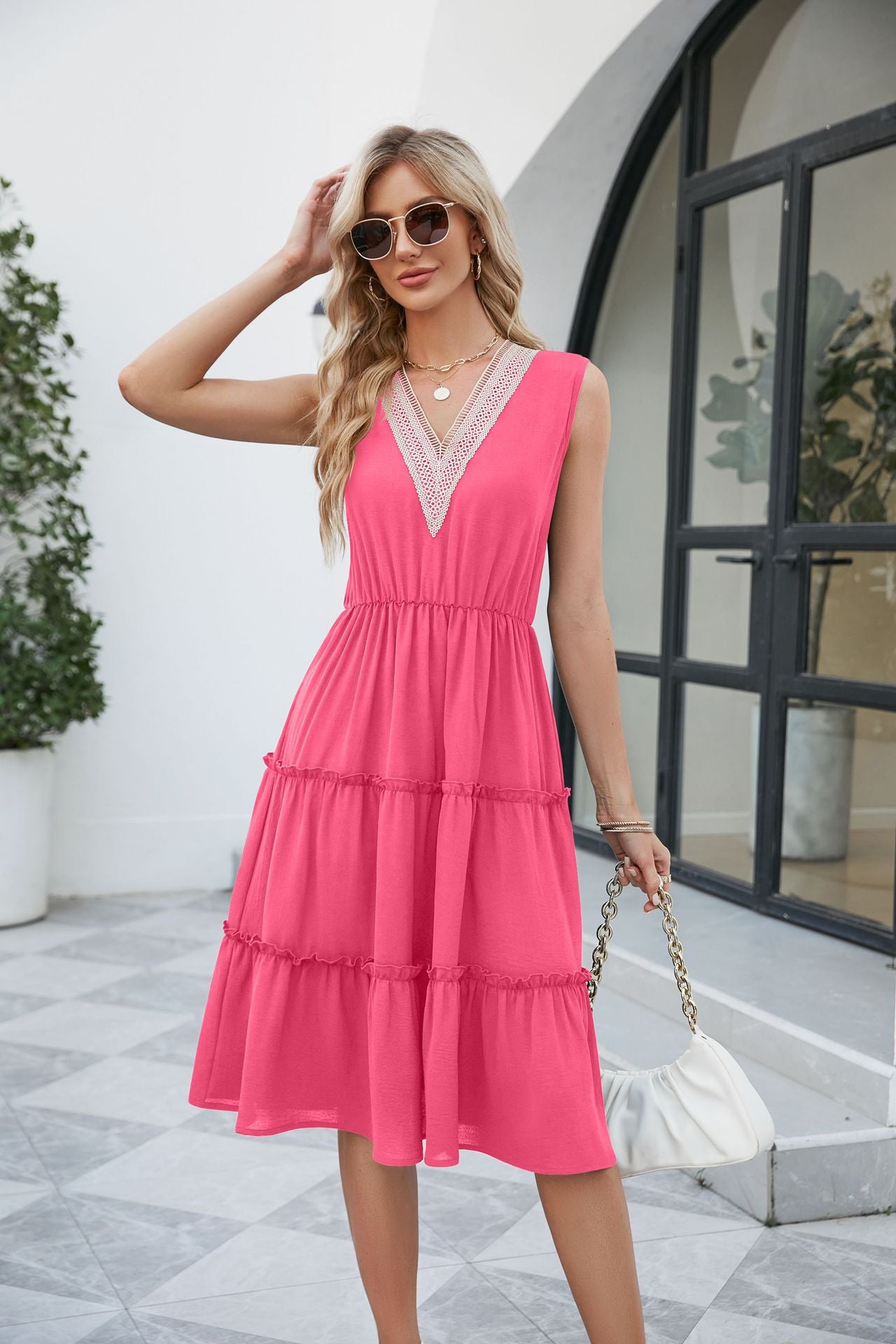 V-neck Dresses Women Sleeveless Pleated Ruffle Elegant Dress Beach Summer - The Grace