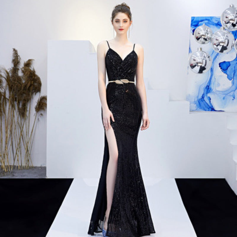 New Banquet Elegant Annual Meeting Long Host Deep V Sexy Fishtail Sequined Dress - The Grace