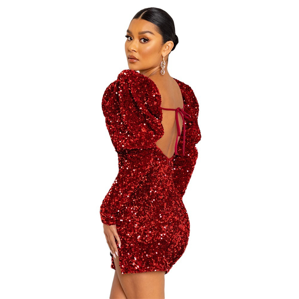 Sequin Backless Padded Shoulder Bubble Sleeve Party Dresses For Women - The Grace