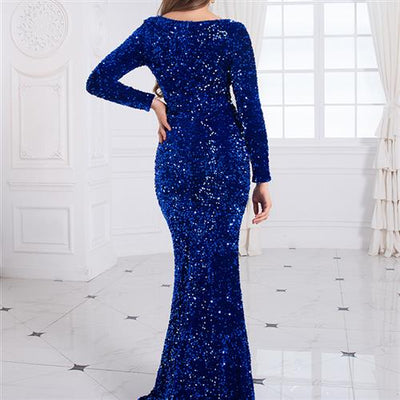 Women Modest Stretch Sequin Royal Blue Evening Prom Gown Party - The Grace