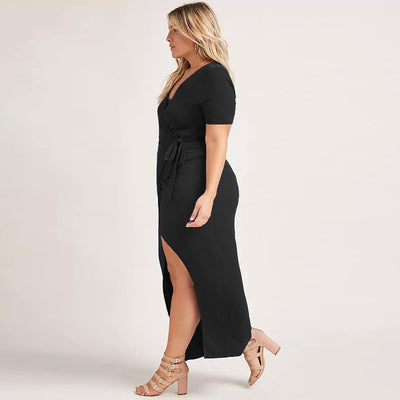 V-Neck Short-Sleeved Long Dress With Strappy Slit - The Grace