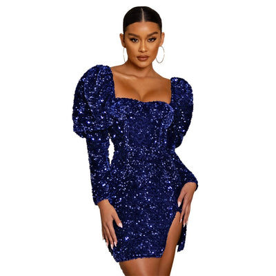 Sequin Backless Padded Shoulder Bubble Sleeve Party Dresses For Women - The Grace