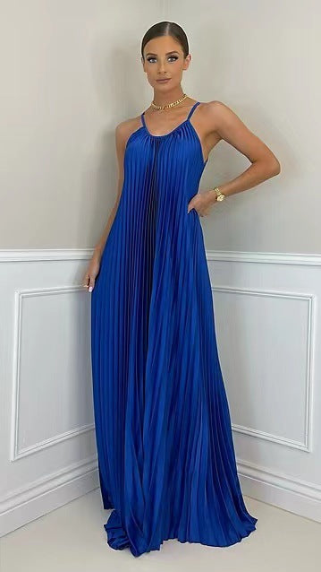 Holiday Banquet Simple Temperament Pleated Long Halter Dress - The Grace