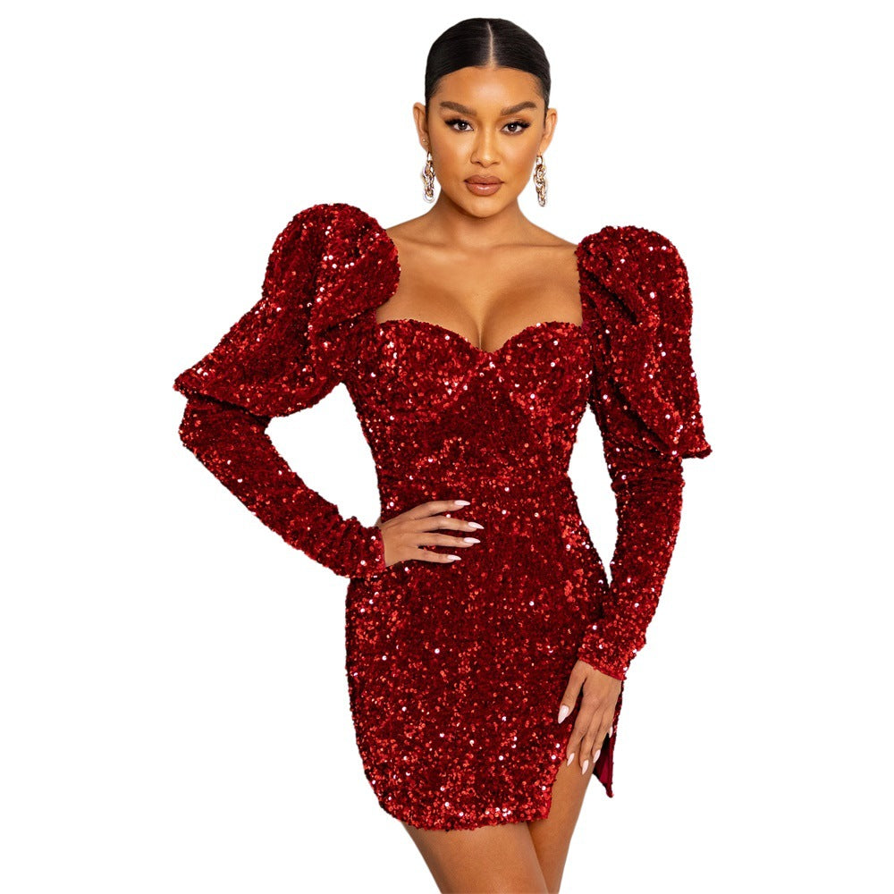 Sequin Backless Padded Shoulder Bubble Sleeve Party Dresses For Women - The Grace