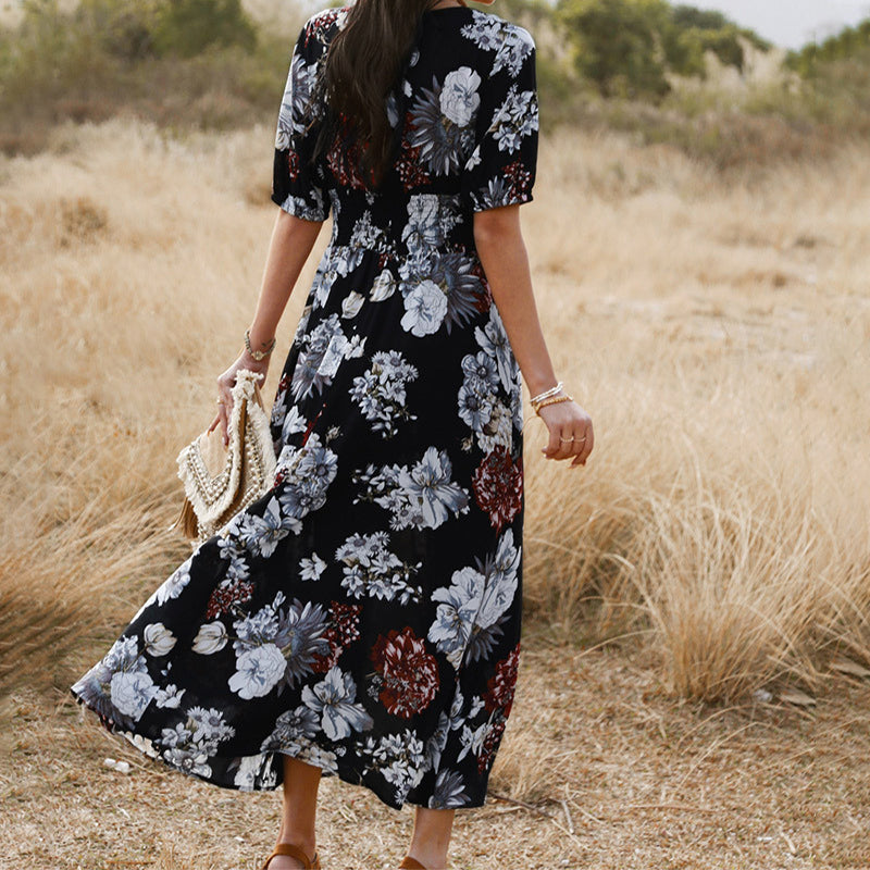 Floral Summer Beach Dress With V Neck Elastic Waist Dresses For Women - The Grace