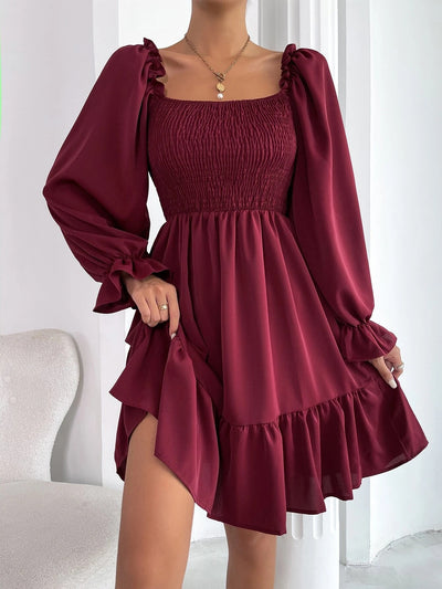 Flared Long Sleeve Dresses Women Square Neck Ruffled Swing Dress - The Grace