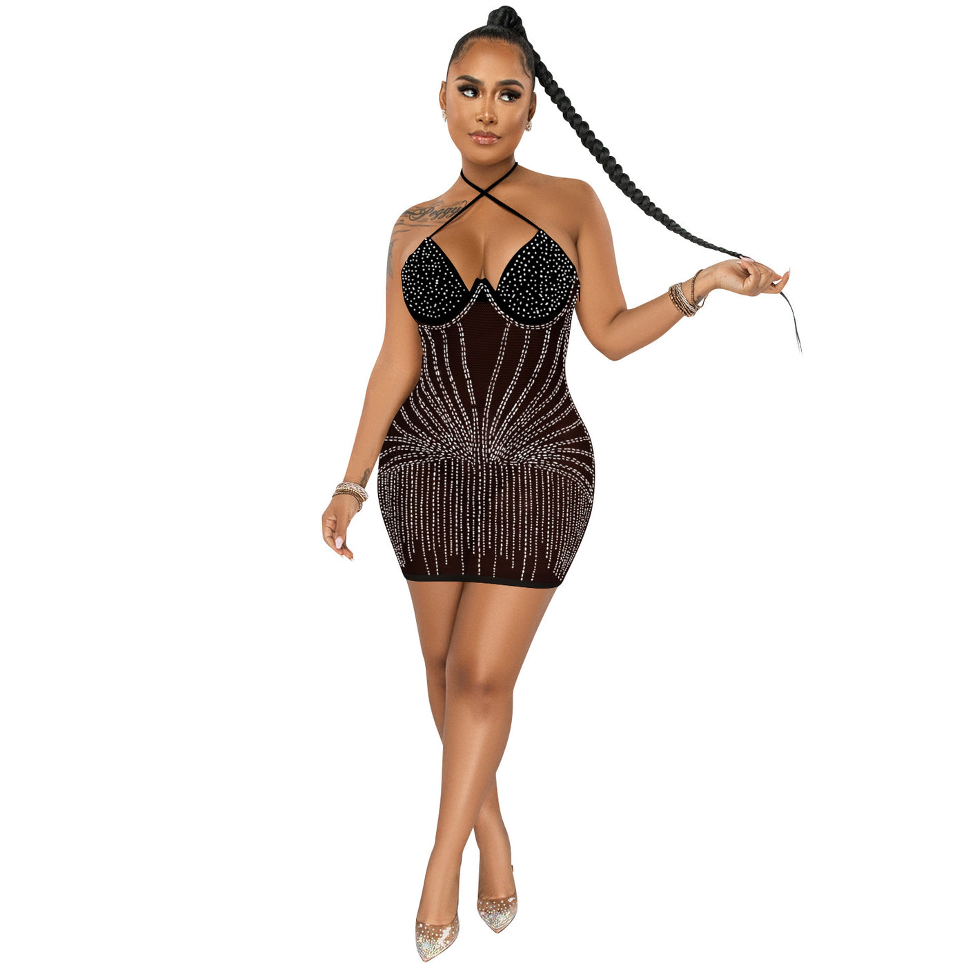 Sling Wrapped Chest Rhinestone Mesh Perspective Skirt Dress - The Grace