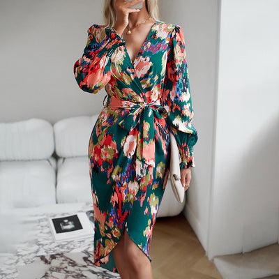 Printed Dress 2023 Autumn Elegant V-neck Dress - The Grace