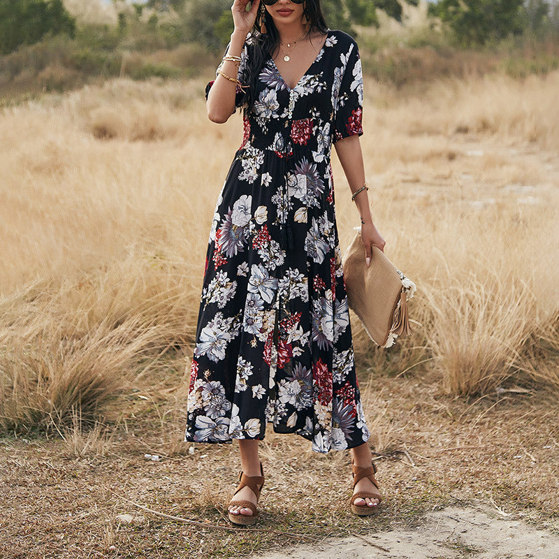 Floral Summer Beach Dress With V Neck Elastic Waist Dresses For Women - The Grace